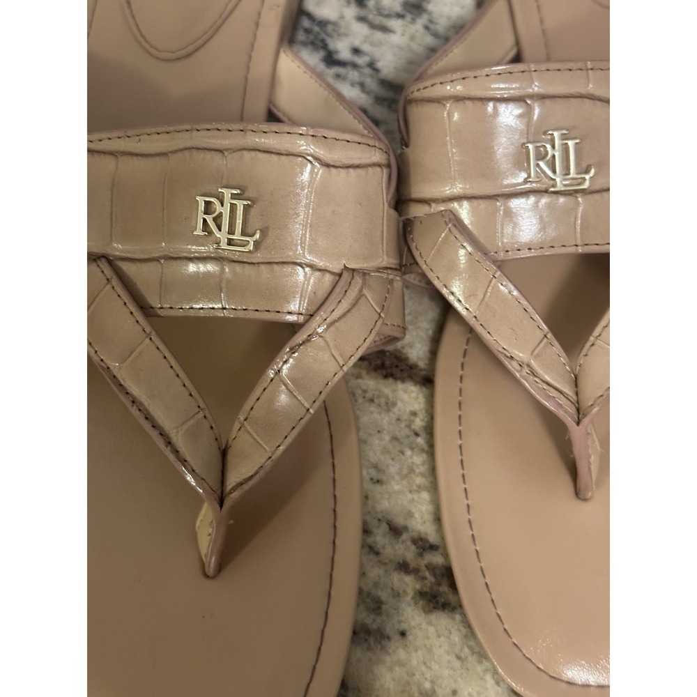 Lauren Ralph Lauren Rosalind Thong Sandals Croc-Embossed Finish Gold Tone Logo